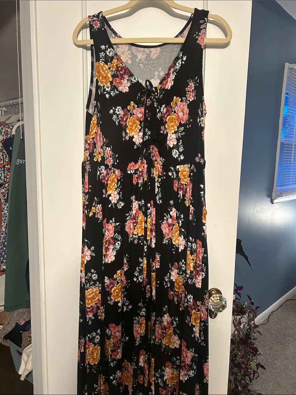 torrid Black Floral Tie-Front Maxi Dress with Pink and Mustard Blooms